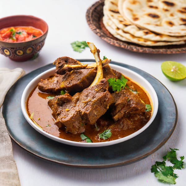 Indian lamb chops in a rich brown curry sauce, with naan bread, salsa, and lime.