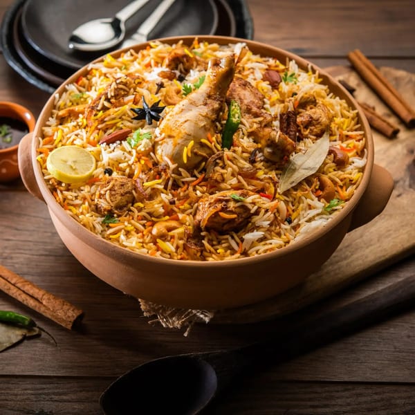 Chicken biryani in a clay pot, garnished with lemon, star anise, and bay leaf.